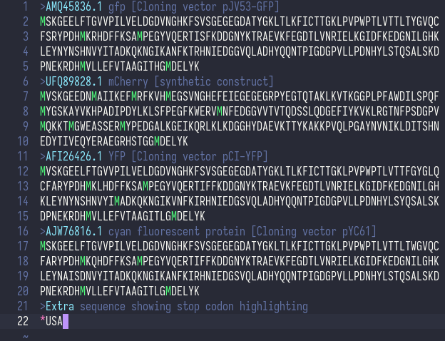 A screenshot of a FASTA file with amino acid sequences, demonstrating the syntax highlighting of methionines, stop codons, and descriptions.
