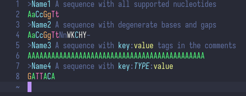A screenshot of a FASTA file with nucleic acid sequences, demonstrating the syntax highlighting of nucleotides and descriptions.